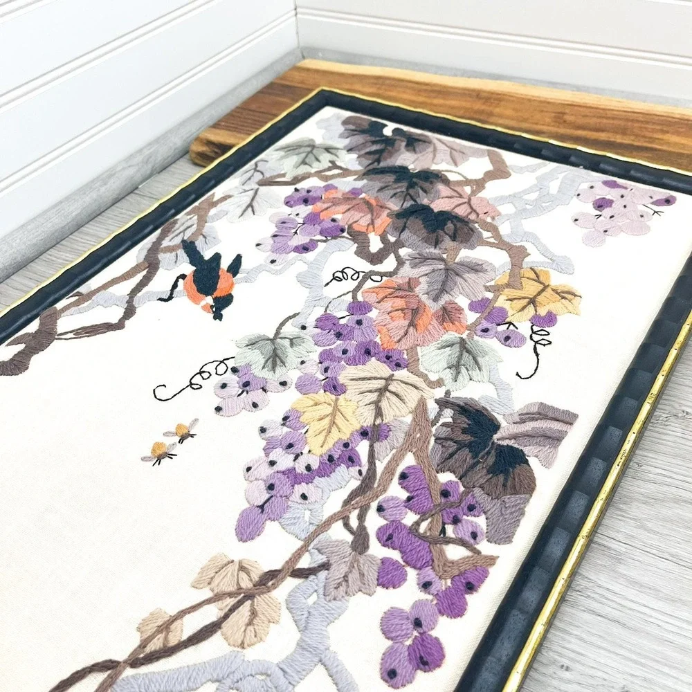 Vintage Framed Floral Needlepoint: Bird & Grape Embroidery Wall Art - Picture 6 of 9
